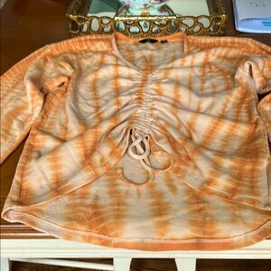 Orange Ruched 3/4 Sleeve Tie Front Blouse